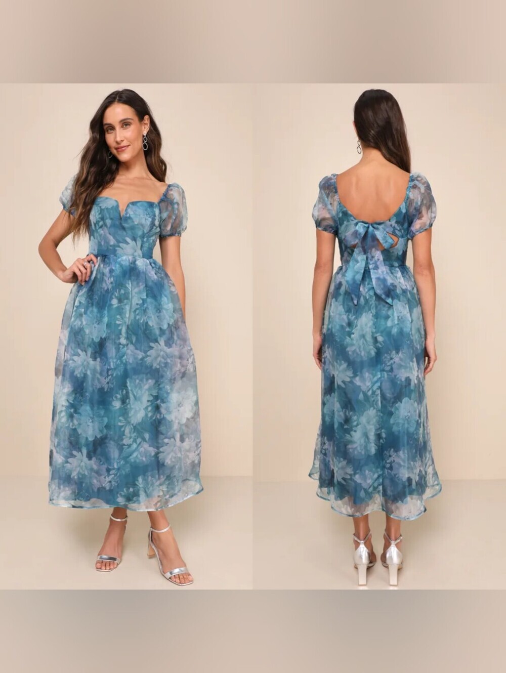 Lulus Lovely Statement Teal Blue Floral Organza Tie-Back Midi Dress XS Wedding